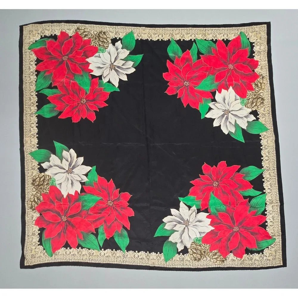 Vintage Christmas Poinsettia Floral Scarf 35x33 Black Red White Holiday Poly